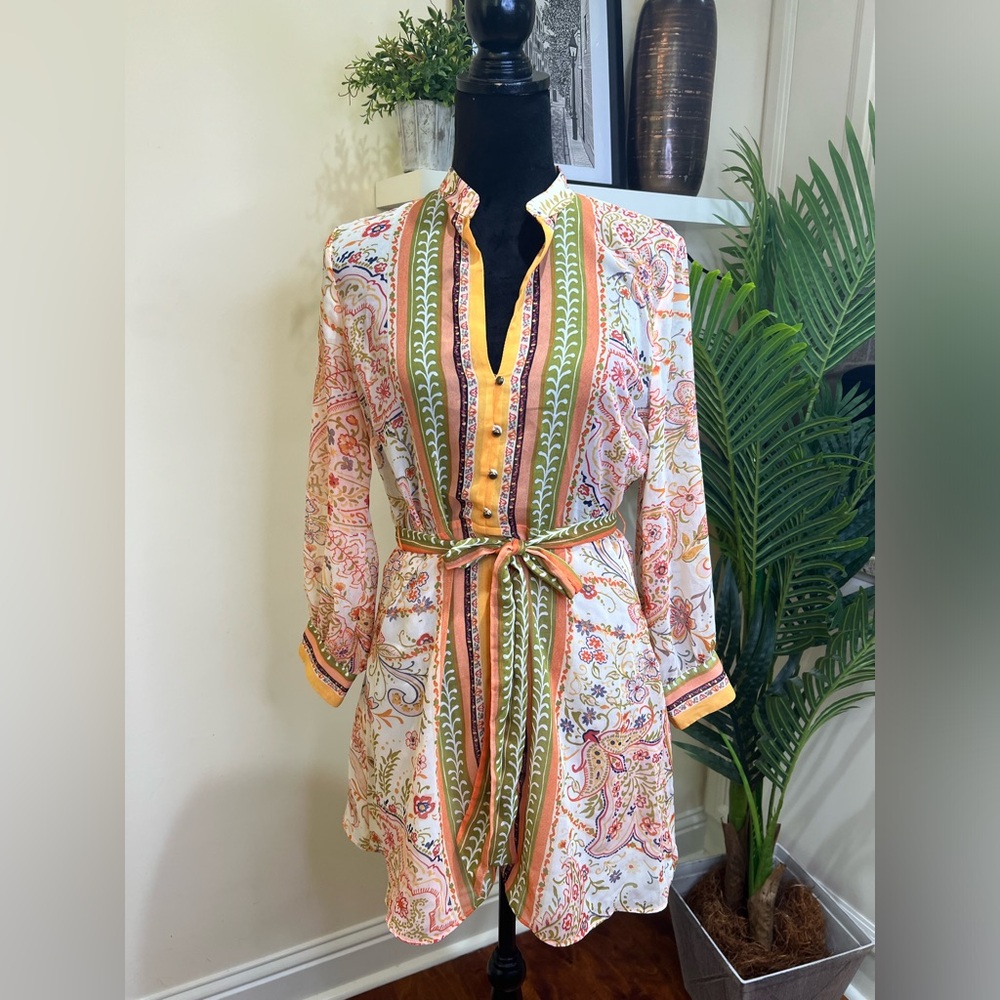 ZARA Printed Floral Paisley Belted Shirt Dress Medium